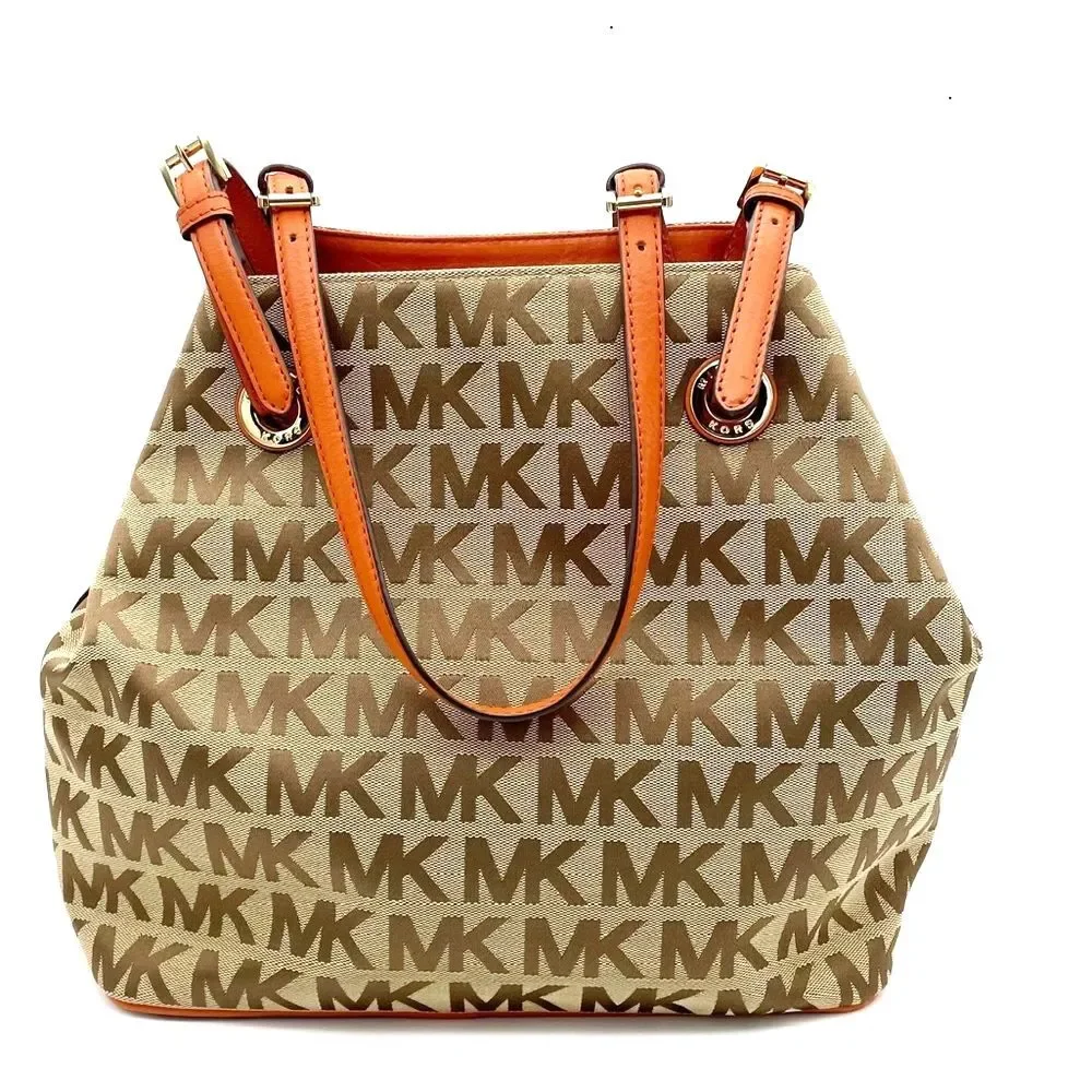 NEW MICHAEL Michael Kors Beige Tan Orange Signature Canvas & Leather Tote Large